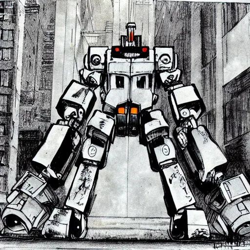 Prompt: ed 2 0 9 urban pacification battle - mech robot from robocop by rembrandt and michealangelo