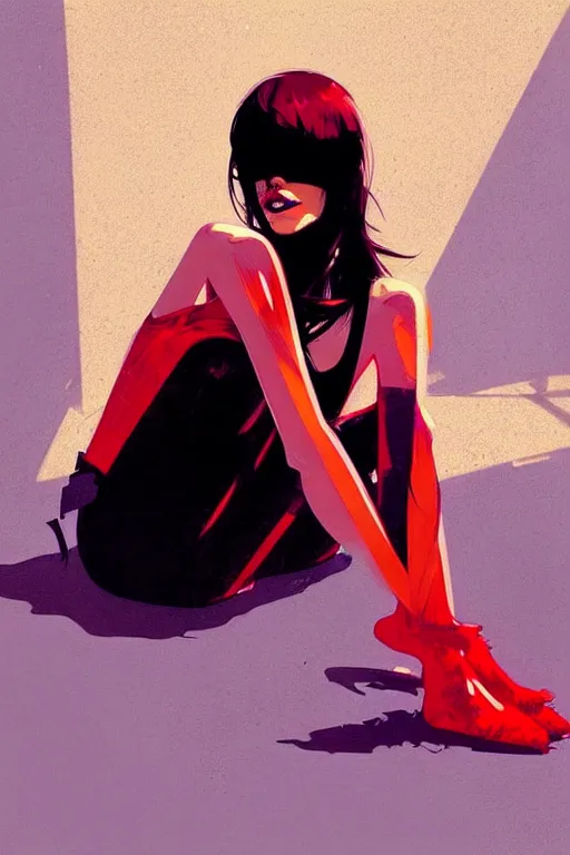 Image similar to a ultradetailed beautiful painting of a stylish woman sitting on the floor of a tiled room, by conrad roset, greg rutkowski and makoto shinkai trending on artstation