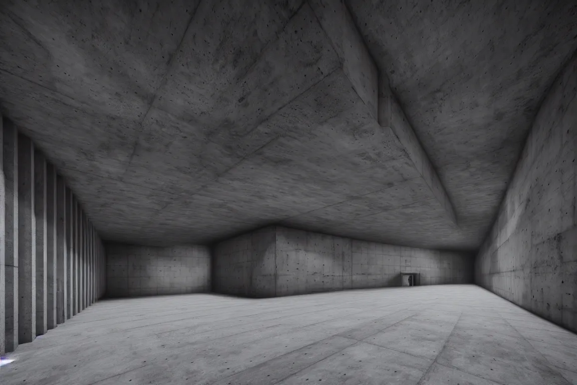 Image similar to Concrete huge square dark-gray multi-layered underground structure with multiple floors and a cleft in the center. Inside view, straight lines, corners, high detailed, details, ultra realistic, photorealism, 8k, doorways, symmetrical, brutalism, ray of light, architecture, volumetric lighting, cinematic, shadows