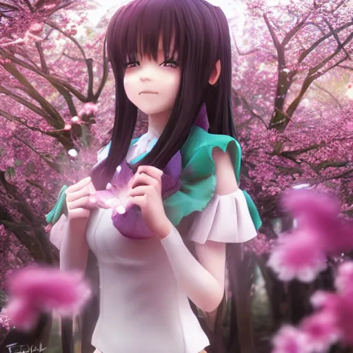 Prompt: 3d rendered anime girl with cherry blossoms as clothing in a flower garden, fantasy art, hyper realistic, detailed, ultra detailed, dynamic lighting, fantasy concept art