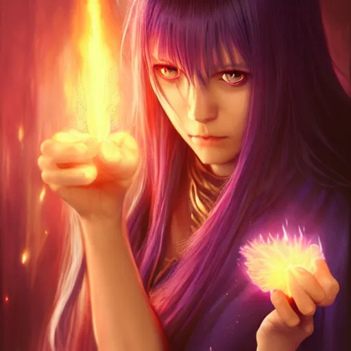 Image similar to rimuru tempest from tensura holding purple fire in her palm, with amber eyes of golden colored eyes, straight hair, sky blue hair, long bangs, award winning photography, cinematic, digital painting, cinematic, wlop, 8 k, by ross tran, tom bagshaw