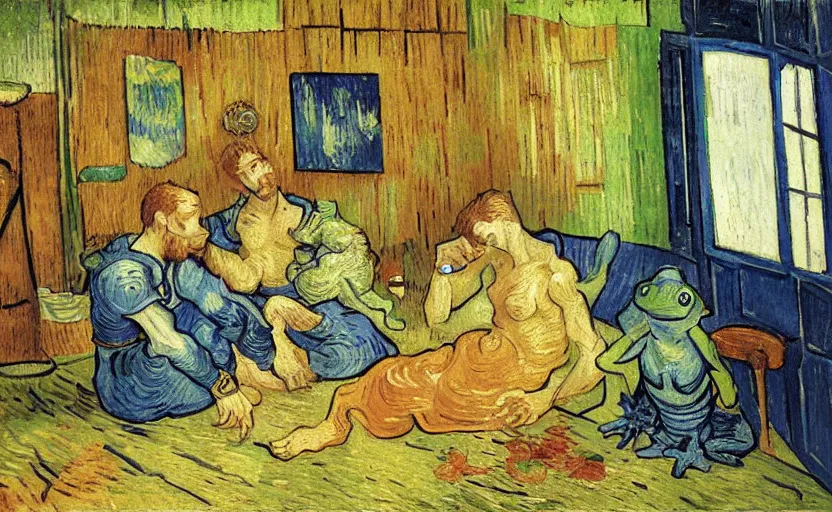 Image similar to crono, marle and frog chilling in comfy house with moody rain outside, painted by van gogh