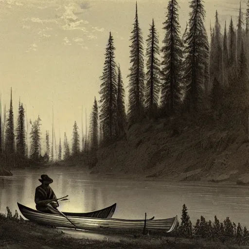 Prompt: hunter sitting in a canoe on the river, deep in the wilderness early in the misty morning in later winter or early spring, boreal forest, 19th century