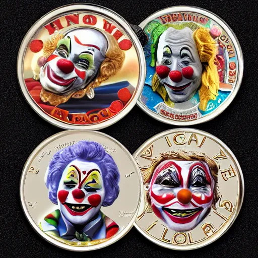 Image similar to The money of clowns coins, photo realistic, highly-detailed, award-winning