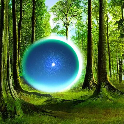 Image similar to A photo realistic green forrest with blue skies, a portal with a blue and orange nebula is showing at the back