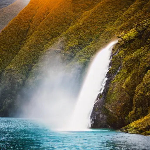 Prompt: new zealand doubtful sound, epic landscape oil painting, low camera angle, waterfall, golden hour