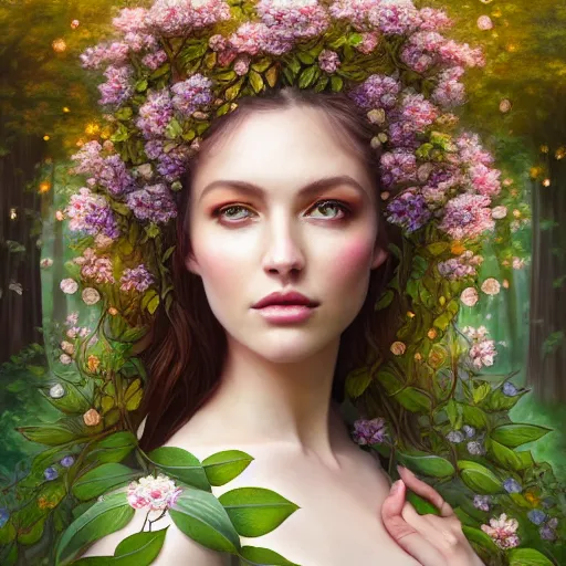 Image similar to a picture of a beautiful woman clothed in flowers and leaves sitting overlooking an enchanted forest, high fantasy, elegant, epic, detailed, intricate, digital painting, concept art, realistic detailed face, smooth, focus, rim light, detailed 8 5 mm f / 1. 4, anamorphic lens,