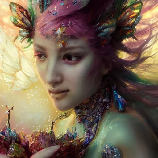 Prompt: face closeup of magical fairy flowers and ice velvet, vgbftk, diamonds, angels, 3 d render, hyper - realistic detailed portrait, holding fire and electricity rainbow, ruan jia, wlop. scifi, fantasy, magic the gathering, hyper detailed, octane render, concept art, peter mohrbacher c 2 0