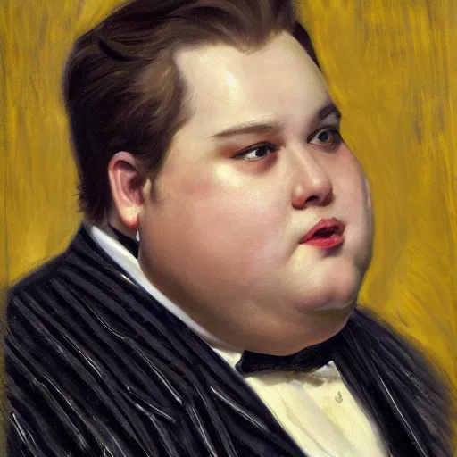 Image similar to highly detailed portrait of a grossly obese flamboyant man who is shaped like a pear artstation, 8 k, sfx, john singer sargent.