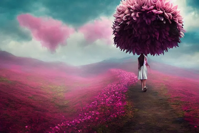 Image similar to giant dahlia flower crown head, girl walking on mountain, surreal photography, pink storm clouds, dramatic light, impressionist painting, digital painting, artstation, simon stalenhag