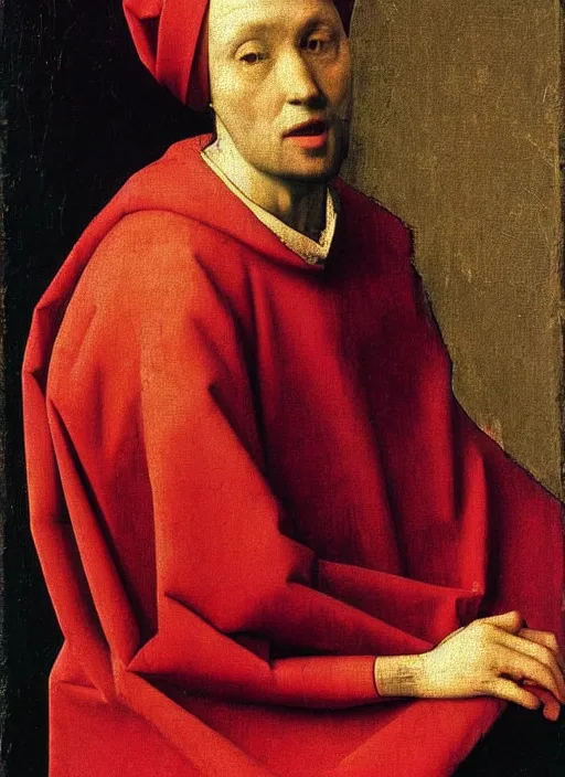 Image similar to red cloth, medieval painting by jan van eyck, johannes vermeer