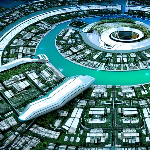 Image similar to a futuristic city located on a space station, the city is white with green lawns and parks. the houses are built in different planes on the huge rings of the station. the city consists of different houses park areas and lakes. in the style of york town from the movie star trek beyond. a cinematographic 7 5 mm shot octane render, 8 k, high resolution