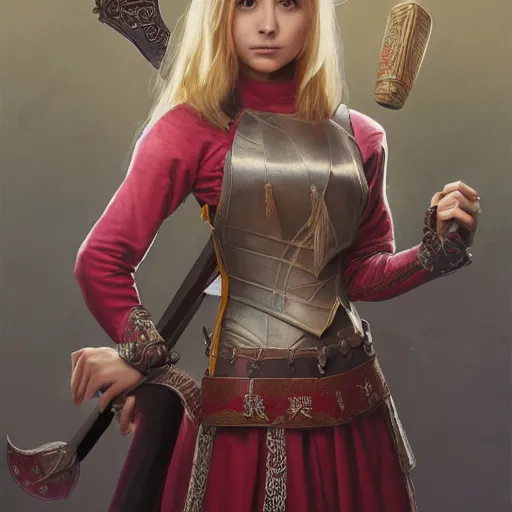 Image similar to a highly detailed portrait of buffy the vampire slayer as a medieval chinese warrior, beautiful detail and color, art by john collier and albert aublet and krenz cushart and artem demura and alphonse mucha, volumetric lighting, octane render, 4 k resolution, trending on artstation, masterpiece