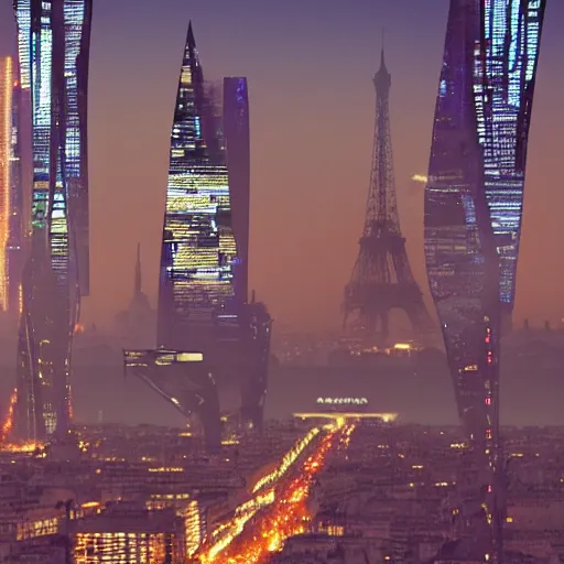 Image similar to a view on a futuristic cyberpunk paris