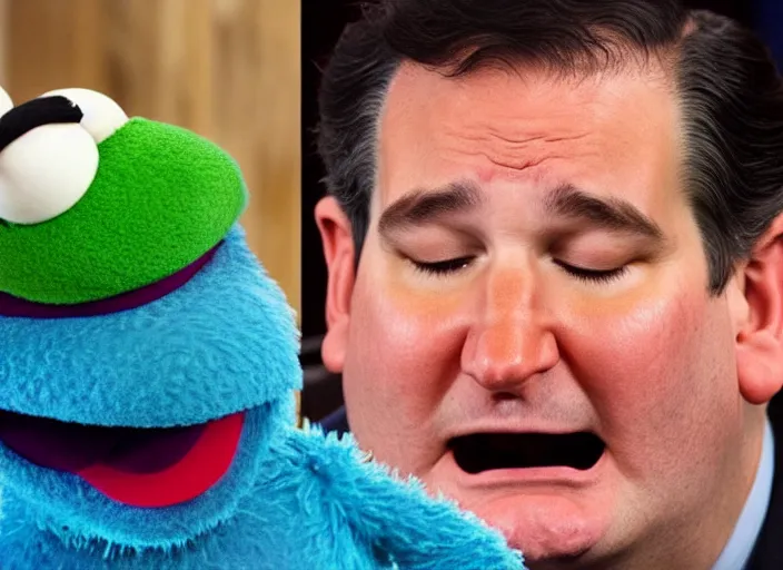 Prompt: sad ted cruz in curled up crying on the floor, on sesame street muppets laughing at him