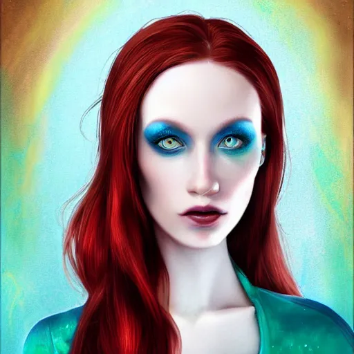 Image similar to a red haired, beautiful woman with blue / green eyes, some freckles, pale skin deep focus, elegant, digital painting, smooth, sharp focus, 8 k, art by jasmine becket griffith and tim burton