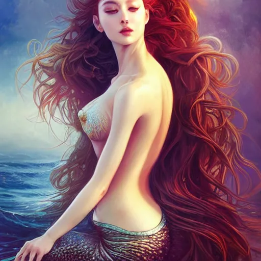 Image similar to a masterpiece ultrarealistic ultradetailed portrait of beautiful magic mermaid siren dragon lady baroque renaissance. medium shot, intricate, elegant, by stanley artgerm lau, wlop, rossdraws, andrei riabovitchev. flower background my james jeand.