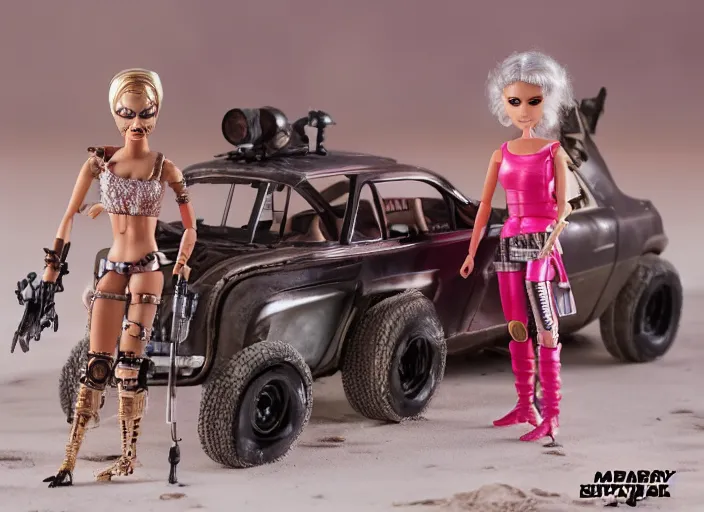 Image similar to mad max fury road barbie play set, children's toy advertisement, studio photography, close - up