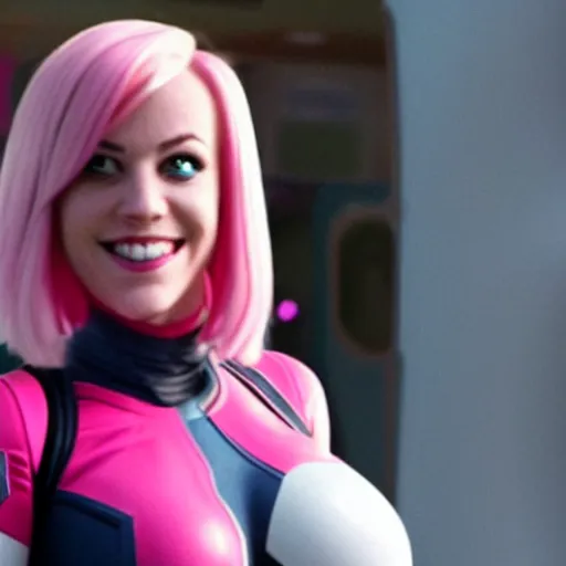 Image similar to A still of Gwenpool in Deadpool 3 (2023), blonde hair with pink highlights, no mask, white and light-pink outfit, smiling and winking at the camera, comics accurate design