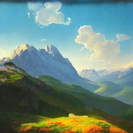 Image similar to wonderful narrow alpine mountain valley, swiss, soft dynamic clouds, astral appearance, cinematic light, sublime, colorful, light shafts, dramatic light, by august malmstrom, blake, best russian painters,, disney, global illumination, rule of thirds, perfect central composition