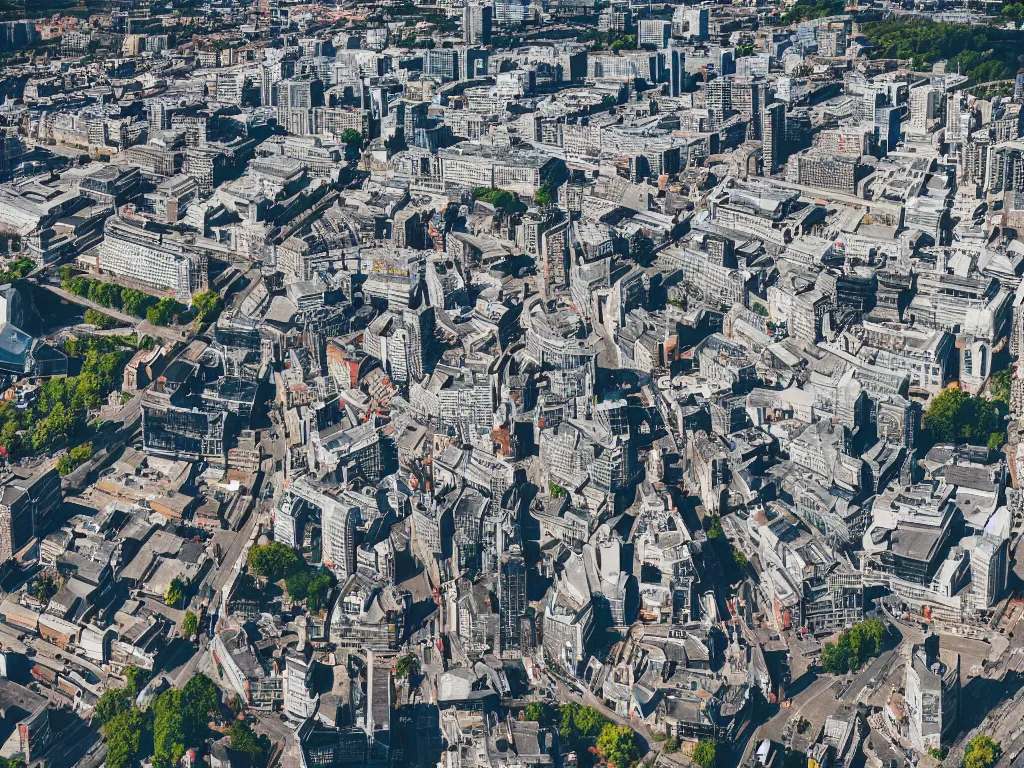 Image similar to drone view of a city with a large road down the centre, Brutalist architecture,sharp focus,telephoto lens 4k