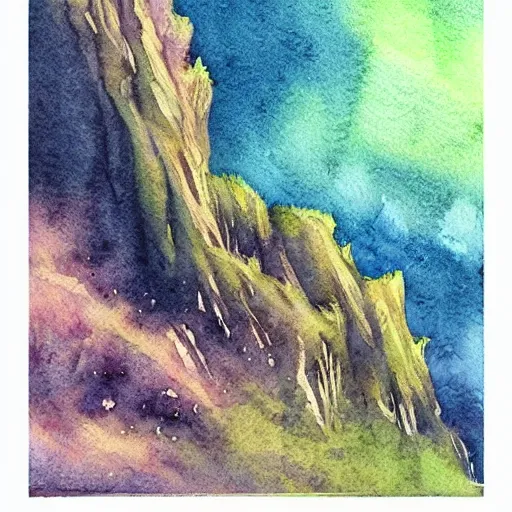 Image similar to beautiful lush natural scene on another planets majestic imposing cliffs. different than earth but beautiful. lightfall. beautiful detailed artistic watercolor. trending on artstation and deviantart.