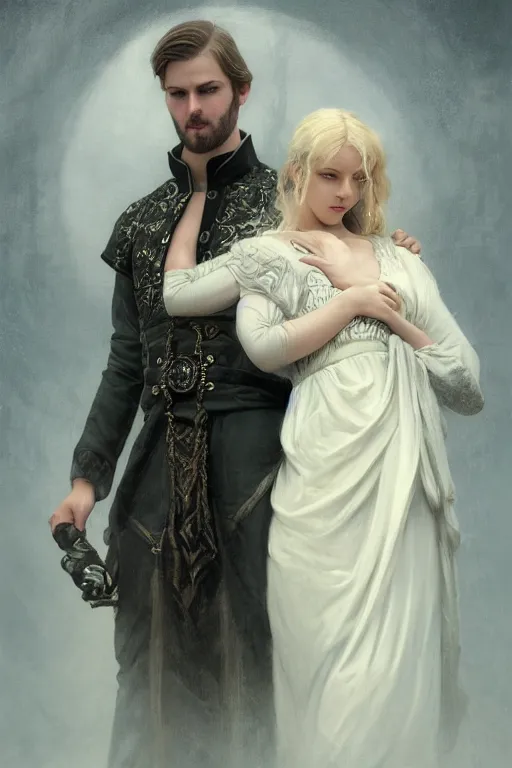 Prompt: a portrait of handsome young male nordic Satan and his elegant beautiful nordic cultist wife, bored, illustration, dramatic lighting, soft details, painting oil on canvas, art nouveau, octane render, HDR, 4k, 8k, HD, by Edmund Blair Leighton, Brom, Charlie Bowater, trending on artstation, faces by Tom Bagshaw, Sargent