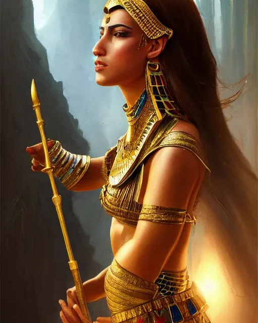 Image similar to Jessica Kahawaty as a beautiful egyptian princess, gorgeous, portrait, powerful, intricate, beautiful, masterpiece, elegant, volumetric lighting, back lighting, rimlight, dramatic lighting, digital painting, highly detailed, artstation, sharp focus, illustration, Artgerm, Jean-Léon Gérôme , ruan jia