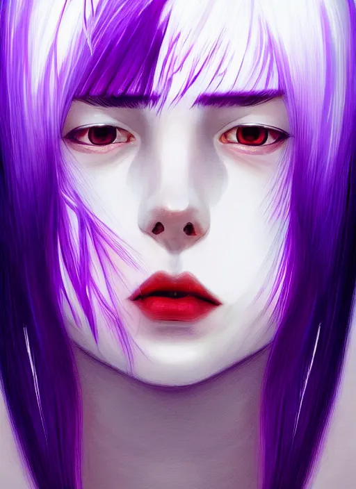 Image similar to hair whitebangs hair, black hair, whitebangs, portrait of teenage girl with white bangs, red irises, purple clothes, white bangs, bangs are different color from hair, intricate, elegant, glowing lights, highly detailed, digital painting, artstation, concept art, smooth, sharp focus, illustration, art by wlop, mars ravelo and greg rutkowski