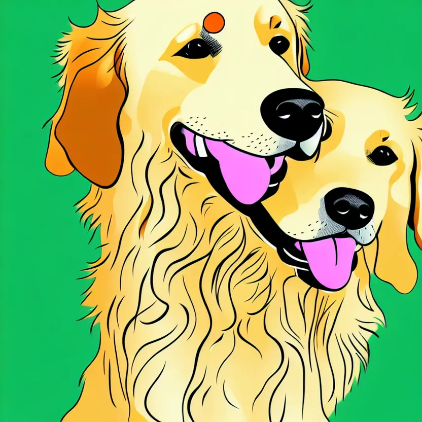 Image similar to golden retriever, full portrait, wide angle, solid white background, line art cartoon