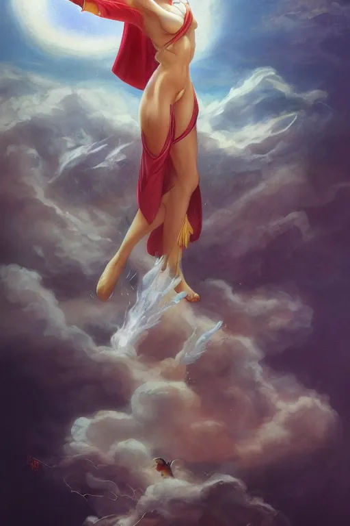 Image similar to a beautiful Japanese female wizard standing on a cloud, style of Boris Vallejo and Frank Frazetta, hyper realistic, very detailed, fantasy art, matte painting, trending on artstation and deviantart