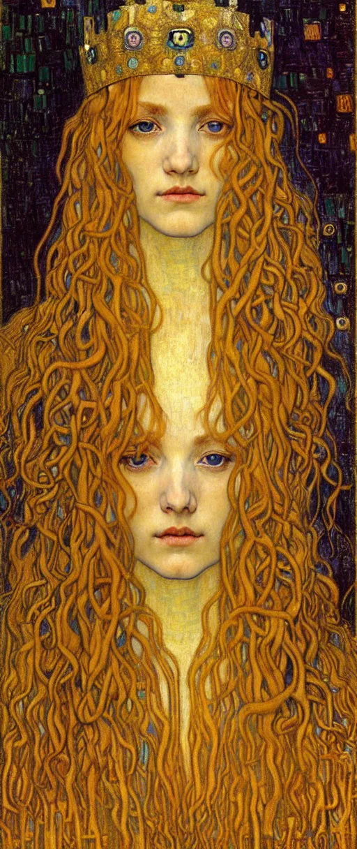 Image similar to detailed realistic beautiful young medieval queen face portrait by jean delville, gustav klimt and vincent van gogh, art nouveau, symbolist, visionary, gothic, pre - raphaelite, muted earthy colors, desaturated