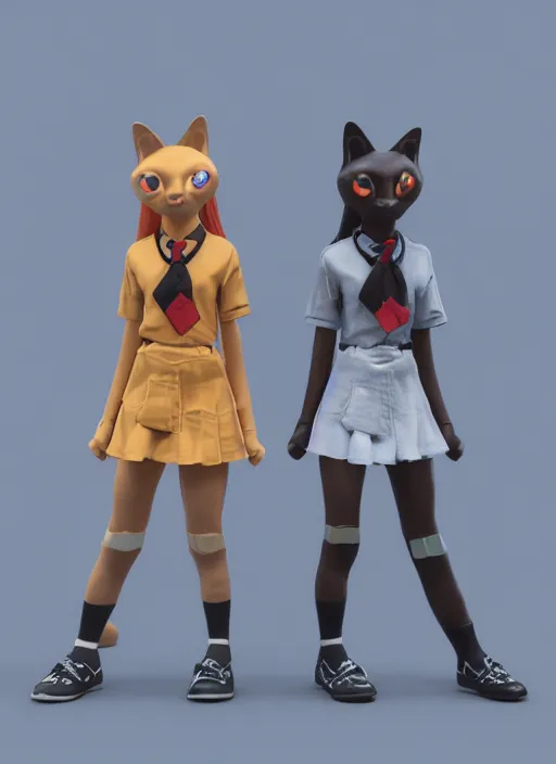 Image similar to schoolgirls selling plastic cats, photorealistic, canon r 3, symmetry, octane render, unreal engine, dramatic lights