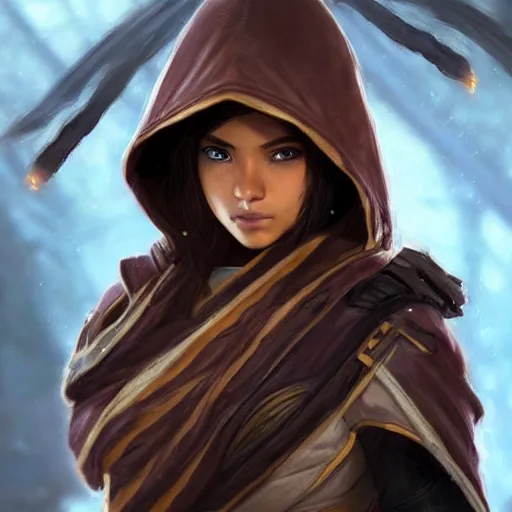 Image similar to a brown skinned asian woman in destiny hunter armor, wearing a hooded cloak, beautiful face!!!!, blue eyes, brown hair in a bob, 2 7 years old, cg animation, realistic, character select portrait, by artgerm, greg rutkowski, alphonse mucha, 3 d