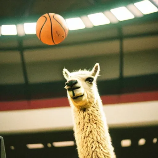 Image similar to film still of a llama in a jersey dunking a basketball like michael jordan, low angle, show from below, tilted frame, 3 5 °, dutch angle, extreme long shot, high detail, indoors, dramatic backlighting.