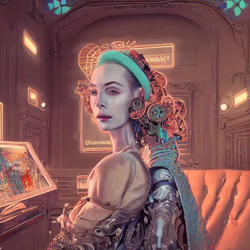 Image similar to the portrait of an absurdly graceful, sophisticated, fashionable ottomanpunk robotess idol, an ultrafine hyperdetailed illustration by kim jisu, intricate linework, neon wiring, porcelain skin, unreal engine 5 highly rendered, global illumination, radiant light, detailed and intricate environment, by rutkowski, artgerm,