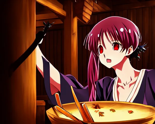 Image similar to key anime visual portrait of a young female witch in a tavern interior defending a companion, dynamic pose, dynamic perspective, cinematic, dramatic lighting.