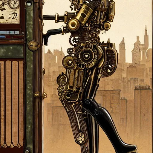 Prompt: brass semi - mechanical woman, portrait, floral art novuea dress, art by moebius, john bauer, in steampunk cityscape designed by victor horta, golden hour, robotic prosthetic limbs, symmetrical