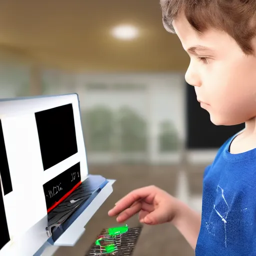 Prompt: photorealistic portrait of a young boy using and advanced AI assisted thought accelerator computer to brain interface