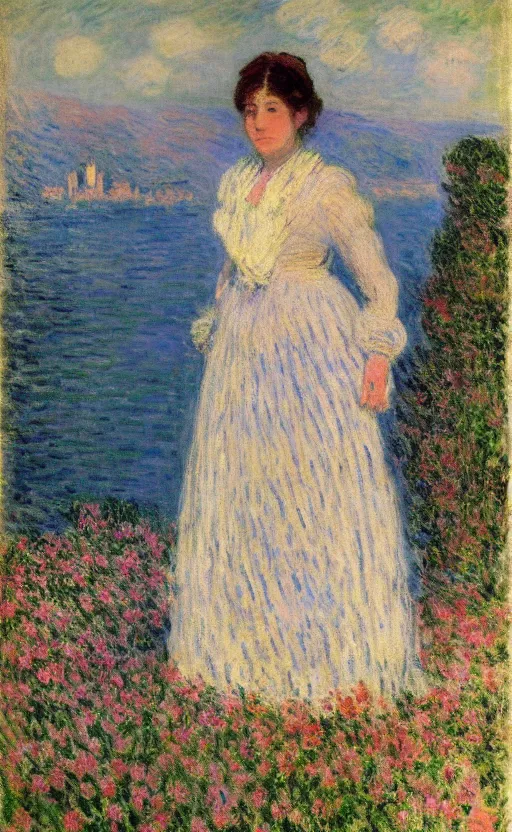 Image similar to portrait by claude monet!! of a lovely woman!! looking at us daydreaming! lake como in background!!!