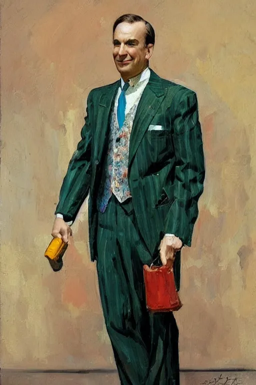 Image similar to sharp saul goodman wearing colorful suit, painting by jc leyendecker!!!, angular!!!, triangle brush strokes, ( painterly ), vintage, crisp!