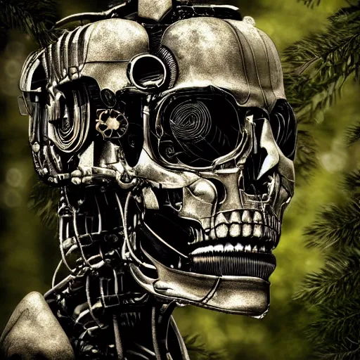 Image similar to super detailed portrait of a terminator's head, packed with cybernetics and and borg enhancements. In a forest with bokeh. Lots of Gears visible. Vegetation id growing out of it