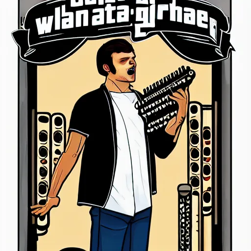 Prompt: GTA V illustration of white teenager with black hair playing an organ in a 1990s instrument shop, cover of GTA V