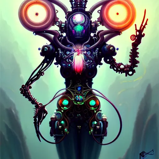 Image similar to biomechanical spider king, cyberpunk, bionics, augments, lights, cables, elegant gleaming intricate baroque jewellery, colorful, vivid, imposing, epic, digital painting, artstation, concept art, by peter mohrbacher and wlop and rhads,