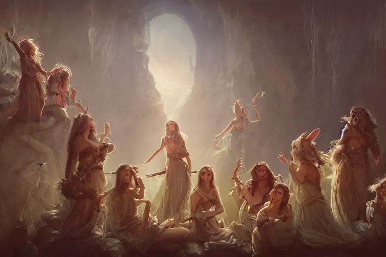 Prompt: the muses. sacred singers they who took up the strings of the deep, and turned the cacophony of an angry world into songs of unity and peace. there's a feathered bunny audience. morning lighting, cinematic fantasy painting, dungeons and dragons, jessica rossier and brian froud