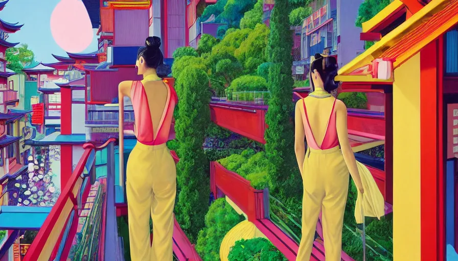 Prompt: a vibrant dream of a beautiful girl wearing gucci from behind on a balcony looking out over a fancy street in futuristic kyoto japan, lush plants, monorail, onsen, glowing paper lanterns, high fashion, magic details, by moebius, edward hopper, james gilleard, and james jean, hd, 8 k, trending on artstation, uhd,