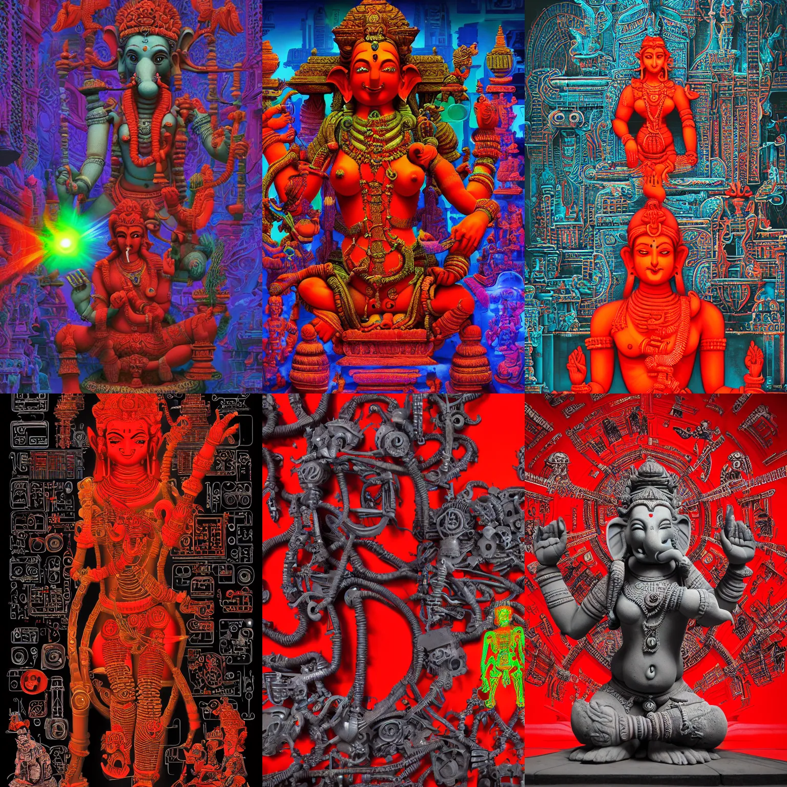 Prompt: red light, vivid colors, highly detailed, epic Khajuraho, Khajuraho, Khajuraho, Ganesha, Shiva, translucent, SSS, transparent, xray, vaporwave, red, flat shaped chrome relief, fossil, mechanic bionic fungus flower cyberpunk cats skeleton mechabot, maze, wires, joints, buttons, gears, dissection relief, by Lorenzo Ghiberti, by Goga Tandashvili, artstation, cgsociety, at Khajuraho, by jonathan ivy, by artgerm, by david lachapelle, shiny, octane