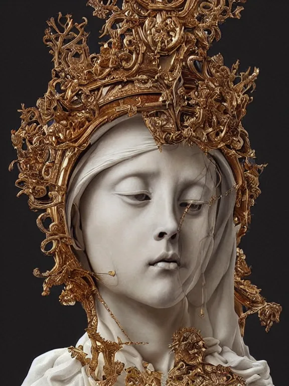 Prompt: a beautiful render of baroque catholic veiled sculpture, the red queen pieta the white queen, with symmetry intricate detailed,by LEdmund Leighton, peter gric,aaron horkey,Billelis,trending on pinterest,hyperreal,jewelry,gold,intricate,maximalist,glittering,golden ratio,cinematic lighting