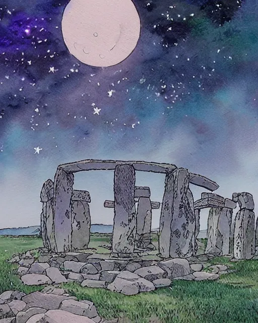 Image similar to a hyperrealist studio ghibli watercolor fantasy concept art. in the foreground is a giant grey octopus building and putting stones in to place on top of stonehenge with a starry sky. by rebecca guay, michael kaluta, charles vess