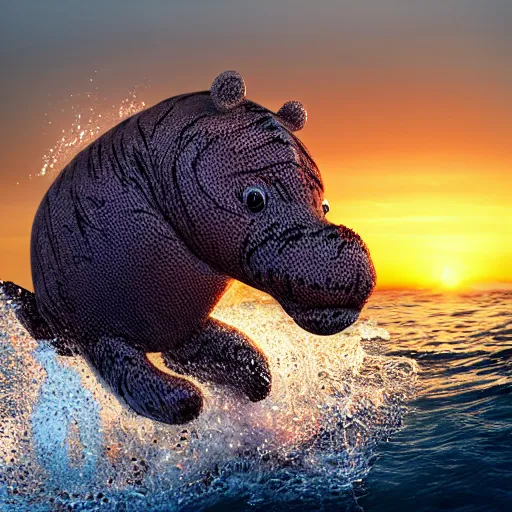 Prompt: a closeup photorealistic photograph of a cute smiling knitted tiger hippopotamus splashing in the waves at sunset. surf in background. professional capture. brightly lit scene. this 4 k hd image is trending on artstation, featured on behance, well - rendered, extra crisp, features intricate detail, epic composition and the style of unreal engine.